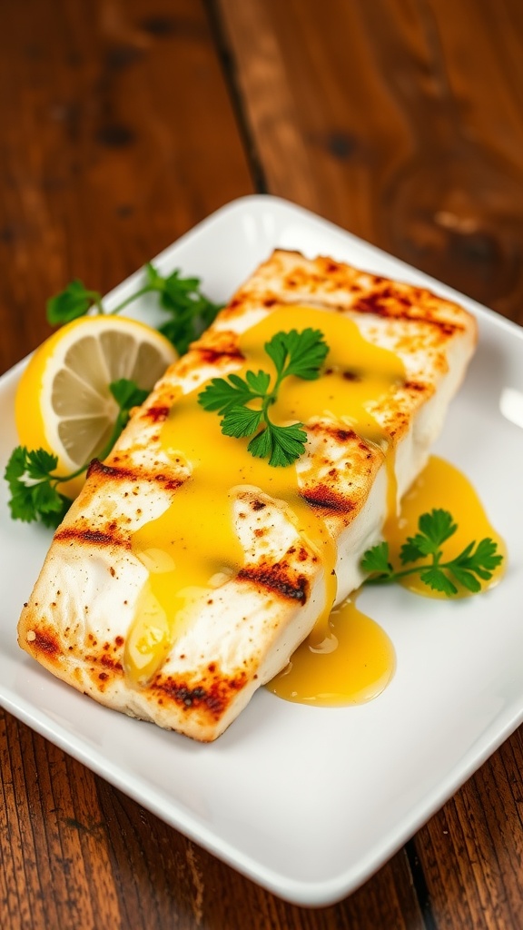 Grilled Mahi Mahi fillet with lemon butter sauce and parsley on a wooden table.